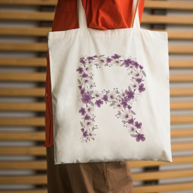 Violet Flower Big Letter Tote Bag Initial Tote Bags Super Cool